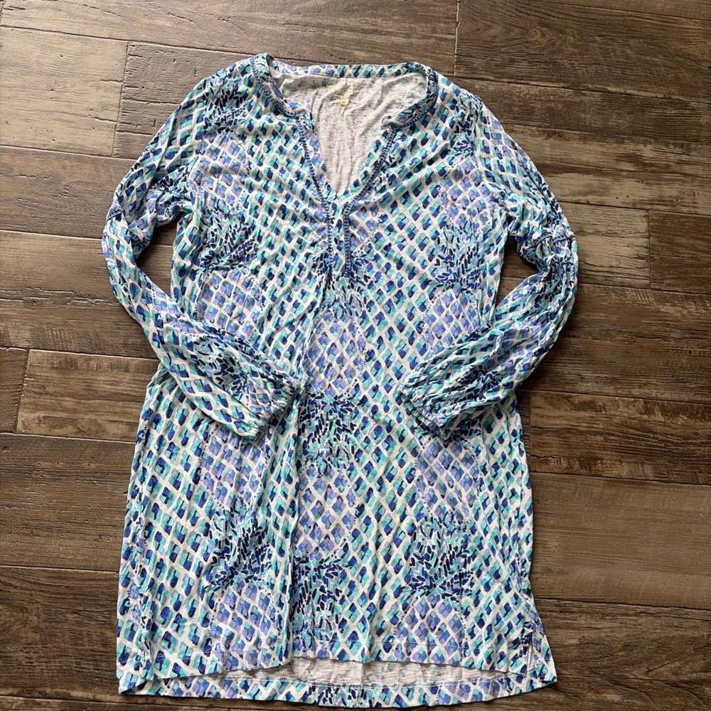 Lilly Pulitzer Toe In Blue White Pineapples Joy Long Sleeve Dress Size XL Resort